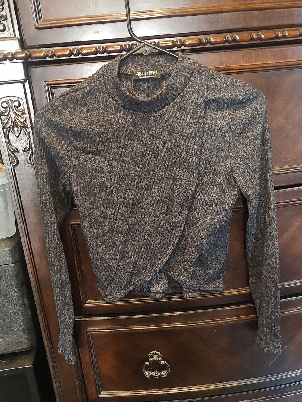Fashion Nova Charcoal Wrap/Twist-Front Ribbed Turtleneck Sweater